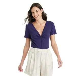A New Day Navy linen blend twist front short sleeve tee